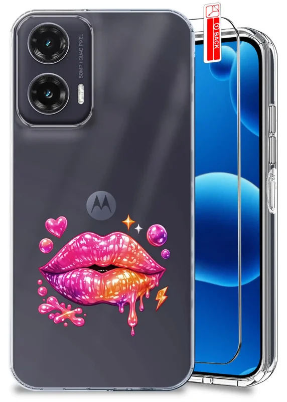 Przezroczyste etui z modnym wzorem do Motorola Moto G35 5G: stylowy nadruk ust, szkło hartowane w zestawie