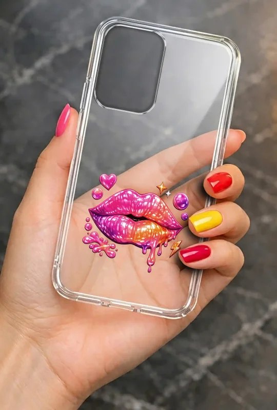 Modne etui do Motorola Moto G35 5G ze stylowym wzorem różowych ust, trzymane w dłoni
