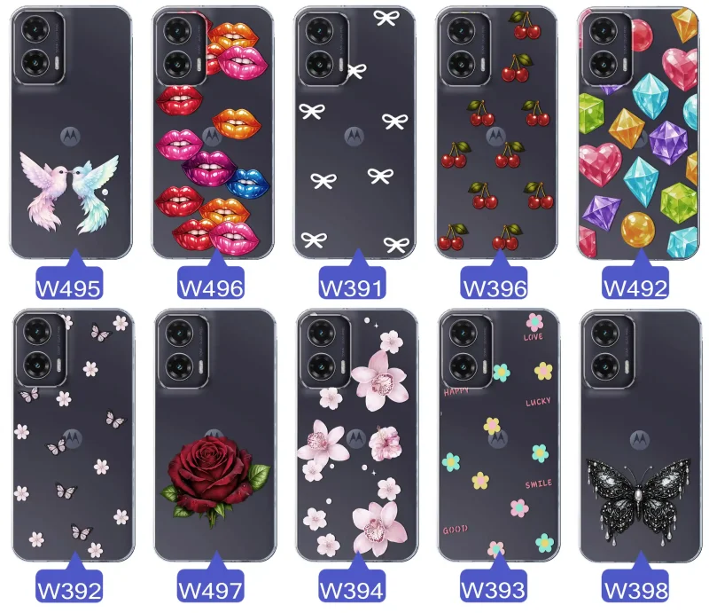 Różne kolorowe stylowe wzory na etui do Motorola Moto G35 5G: kwiaty, wiśnie, ptaszki, usta, kokardy