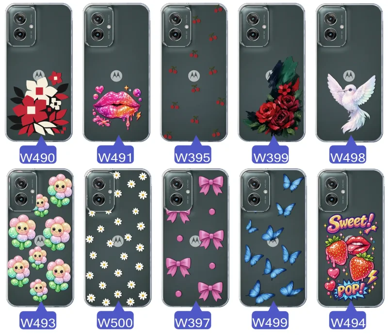 Kolekcja modnych etui z wzorami do Motorola Moto G55 5G – kolorowe modne wzory z kokardkami, różami, motylami, ustami, wisienkami