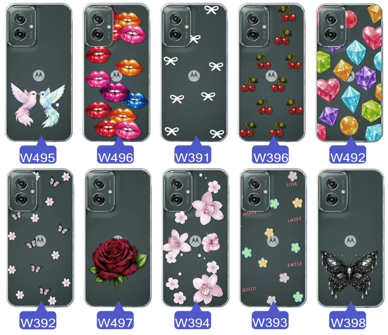 Różne kolorowe stylowe wzory na etui do Motorola Moto G55 5G: kwiaty, wiśnie, ptaszki, usta, kokardy