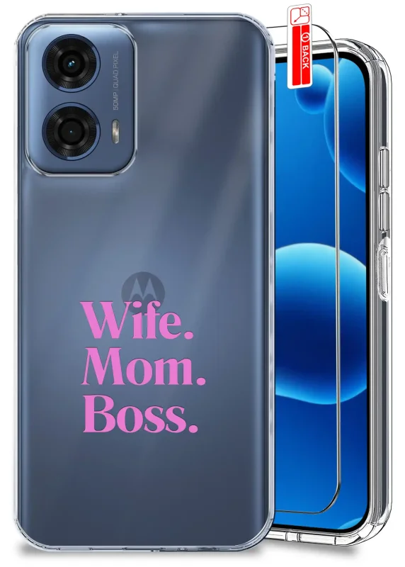 Etui dla Mamy do Motorola Moto G24 / G24 Power / G04 / E14 przezroczyste z różowym napisem Wife. Mom. Boss. oraz szkło hartowane w zestawie.webp
