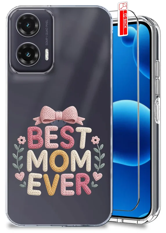 Etui dla Mamy do Motorola Moto G35 5G przezroczyste z napisem Best Mom Ever oraz szkło hartowane w zestawie