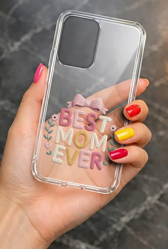 Transparentne etui na Dzień Mamy do Motorola Moto G35 5G trzymane w dłoni, z trwałym nadrukiem Best Mom Ever
