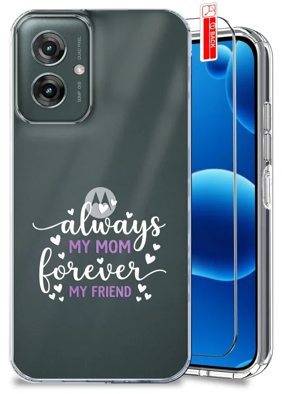 Etui dla Mamy do Motorola Moto G55 5G przezroczyste z napisem always my mom forever my friend oraz szkło hartowane w zestawie