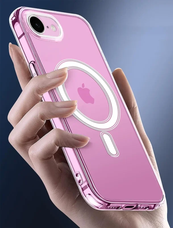 iPhone 16e / 17e w przezroczystym etui MagSafe trzymany w dłoni