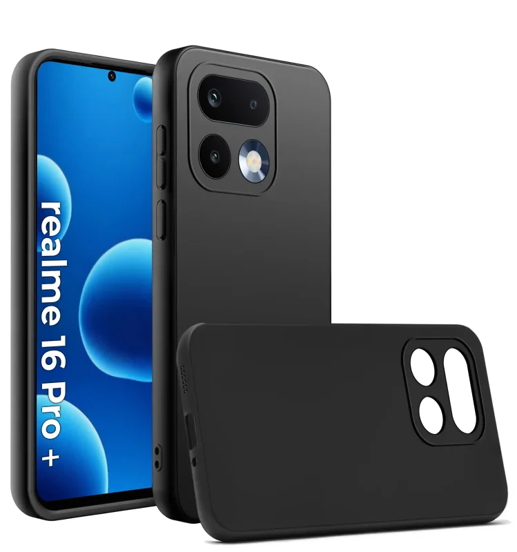 Czarny silikonowy case do Realme 16 Pro+ Plus 5G – widok przód i tył, matowe wykończenie