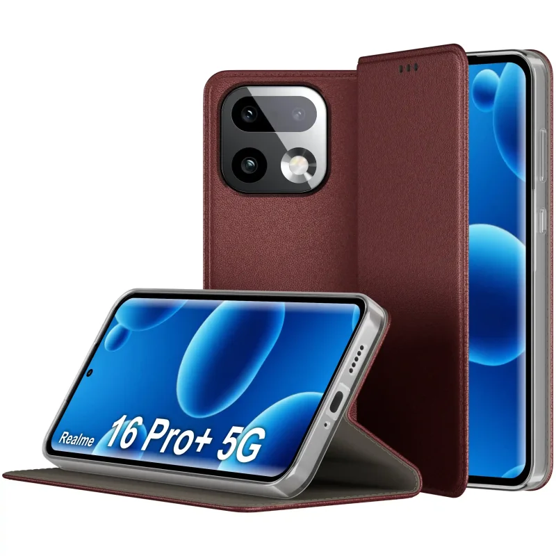 Skórzane etui z klapką do Realme 16 Pro Plus 5G burgundowe z funkcją stojaka