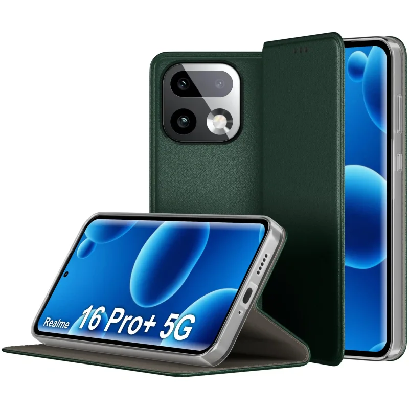 Skórzane etui z klapką do Realme 16 Pro Plus 5G zielone z funkcją stojaka