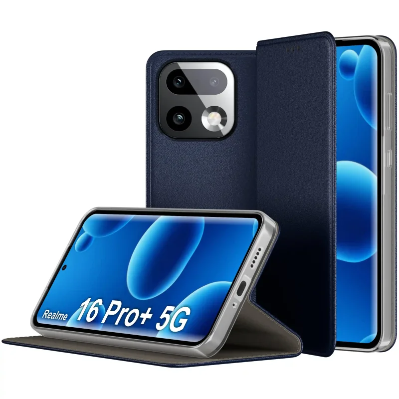 Skórzane etui z klapką do Realme 16 Pro Plus 5G granatowe z funkcją stojaka