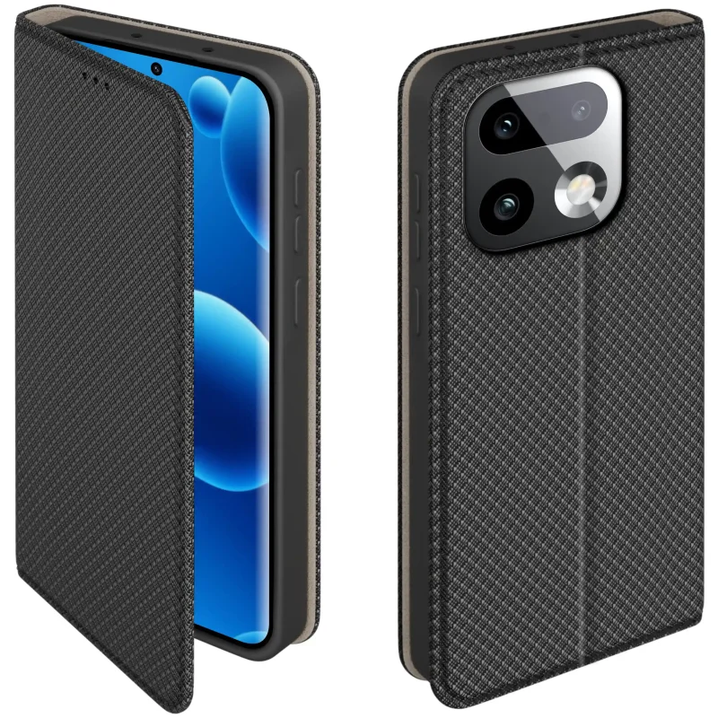 Etui z klapką do Realme 16 Pro+ Plus 5G w czarnym kolorze z magnetycznym zamknięciem, antypoślizgową fakturą i elastycznym TPU chroniącym telefon