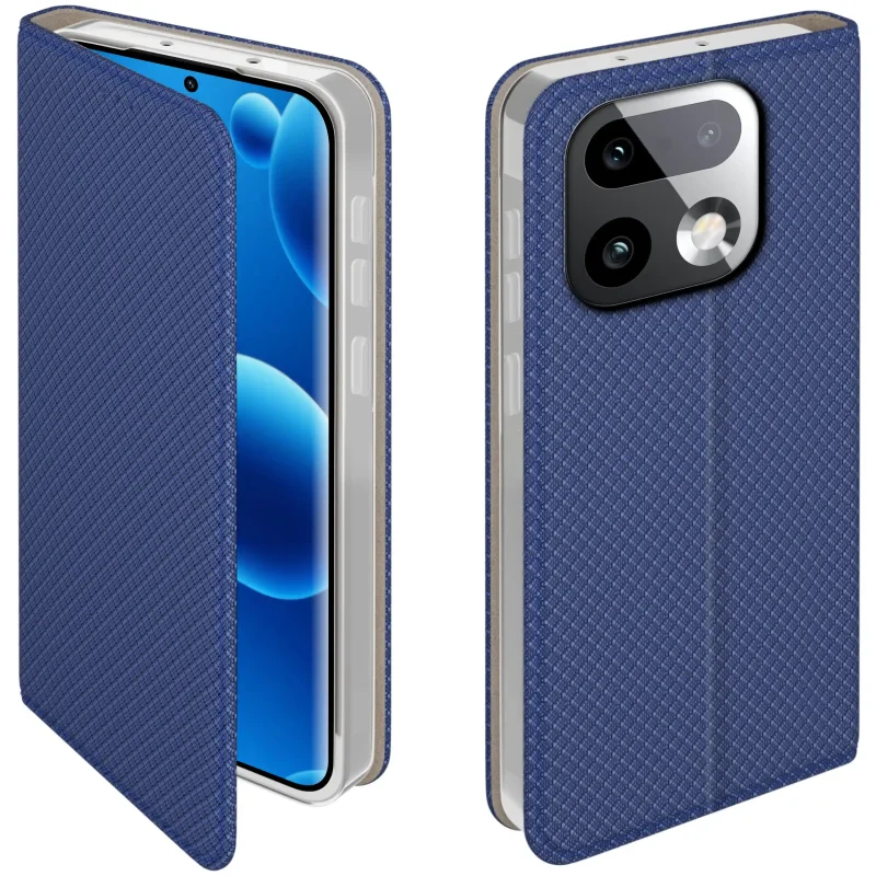 Etui z klapką do Realme 16 Pro+ Plus 5G w granatowym kolorze z magnetycznym zamknięciem, antypoślizgową fakturą i elastycznym TPU chroniącym telefon
