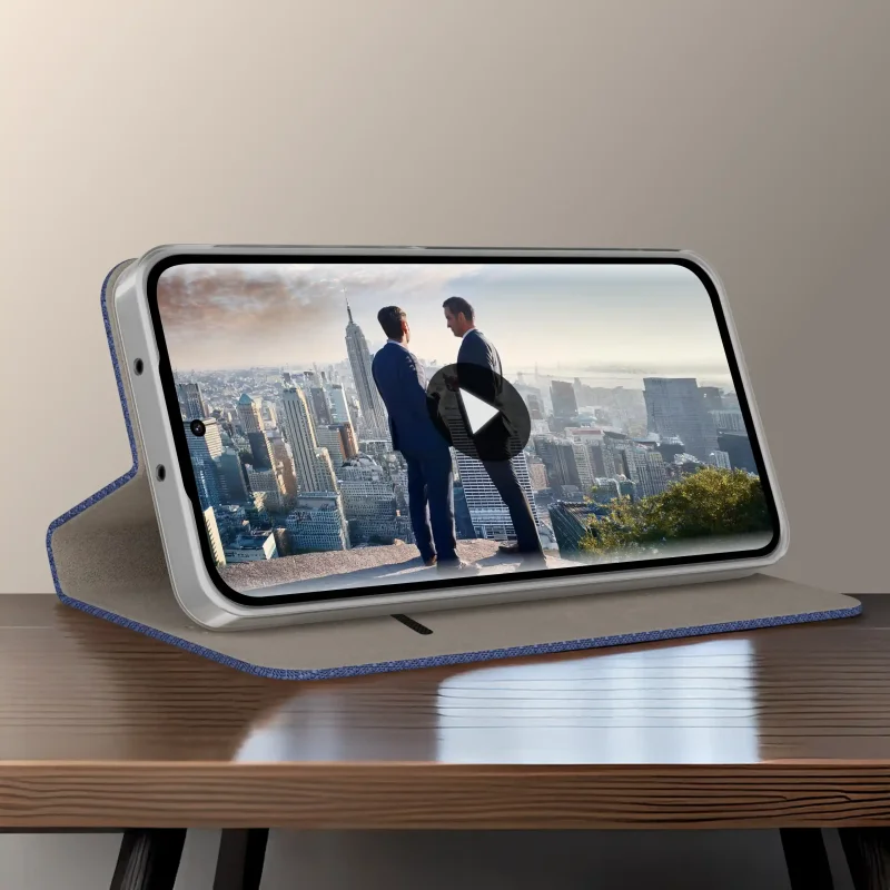 Futerał z klapką do Realme 16 Pro 5G granatowy z funkcją podstawki umożliwiającą wygodne oglądanie filmów w pozycji poziomej