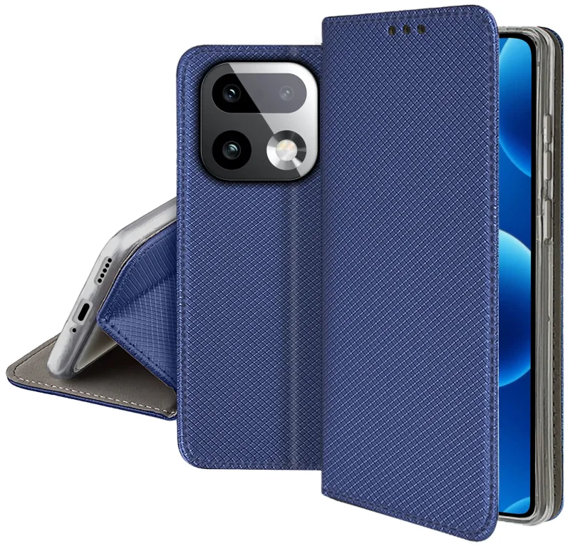 Granatowe zamykane etui z klapką do Realme 16 Pro+ Plus 5G z matową strukturą, wycięciami na porty oraz ochroną aparatów i boków smartfona