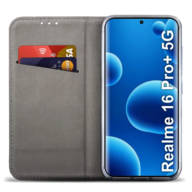 Granatowe etui portfelowe do Realme 16 Pro+ Plus 5G z miejscem na karty, ukrytym magnesem i funkcją stojaka do codziennego użytkowania