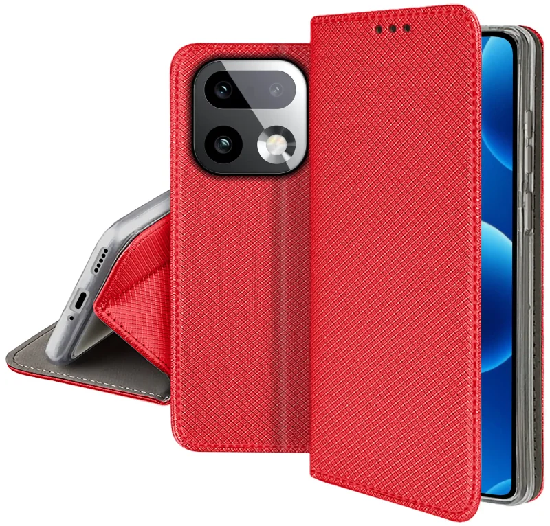 Czerwone zamykane etui z klapką do Realme 16 Pro+ Plus 5G z matową strukturą, wycięciami na porty oraz ochroną aparatów i boków smartfona