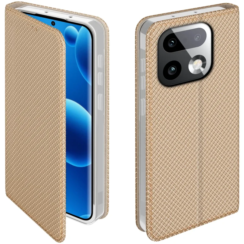 Etui z klapką do Realme 16 Pro+ Plus 5G w złotym kolorze z magnetycznym zamknięciem, antypoślizgową fakturą i elastycznym TPU chroniącym telefon