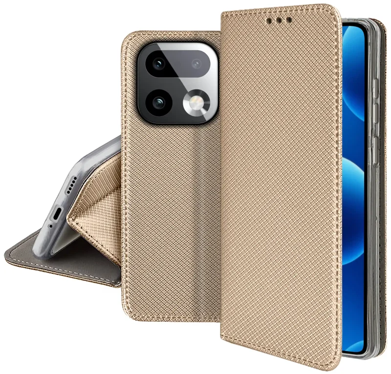 Złote zamykane etui z klapką do Realme 16 Pro+ Plus 5G z matową strukturą, wycięciami na porty oraz ochroną aparatów i boków smartfona