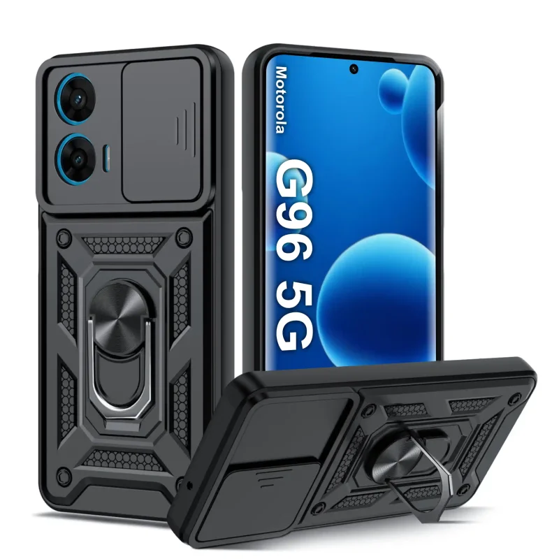 Etui pancerne do Motorola Moto G96 5G z ringiem 360 stopni i przesuwną osłoną aparatu w kolorze czarnym