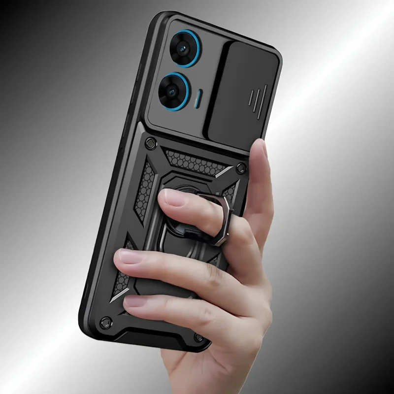Motorola Moto G96 5G w czarnym etui pancernym z ringiem poprawiającym chwyt telefonu