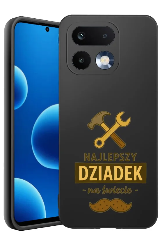 Etui dla Dziadka do Realme 16 Pro+ Plus 5G czarne matowe z nadrukiem „Najlepszy Dziadek na świecie”, kluczem, młotkiem i wąsami