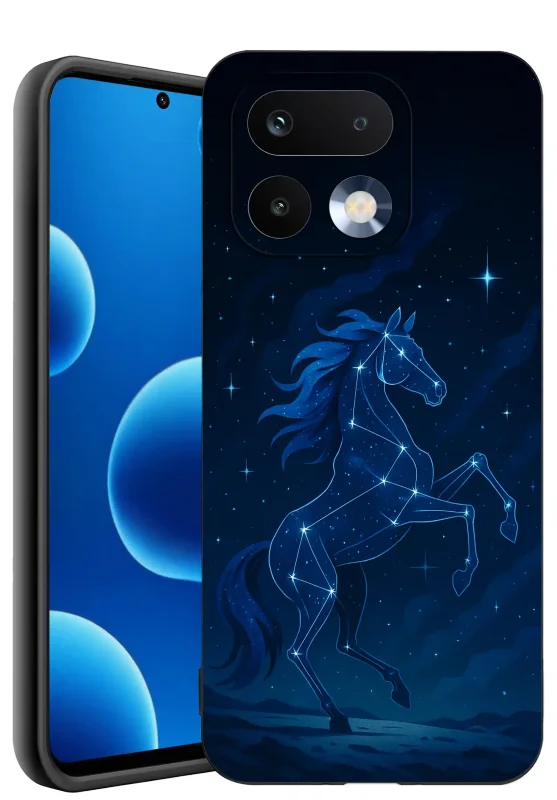 Etui z koniem do Realme 16 Pro+ Plus 5G z granatowym kosmicznym wzorem, grafiką konia z gwiazd