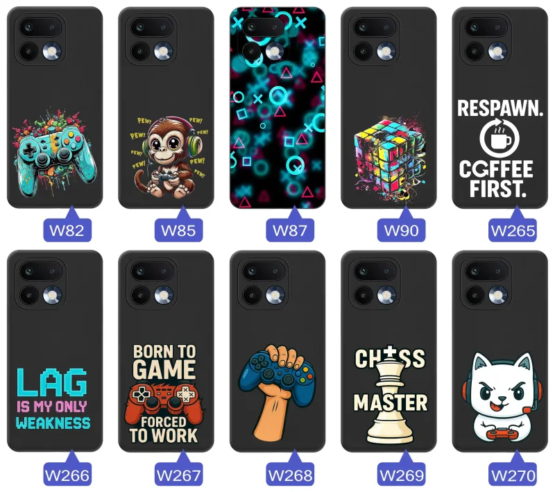 Kolekcja gamingowych etui do Realme 16 Pro+ Plus 5G z motywami padów, neonowych symboli, retro haseł i pikselowych grafik inspirowanych światem gier
