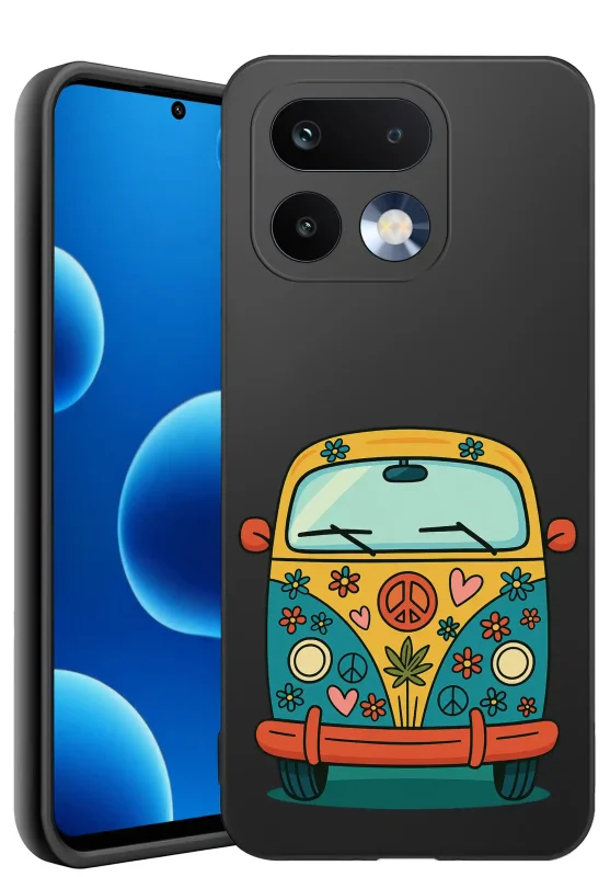 Etui z autem do Realme 16 Pro+ Plus 5G z kolorowym nadrukiem busa retro w stylu hippie, czarne matowe etui silikonowe z nadrukiem