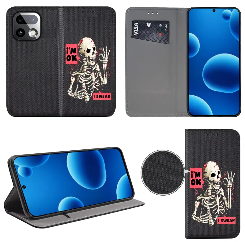 Etui książkowe do Realme 16 Pro+ Plus 5G z nadrukiem szkieletu, widok przodu i tyłu, kieszonka na kartę oraz funkcja podstawki