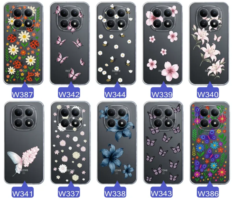Kolekcja etui wiosennych Xiaomi Redmi Note 15 5G – różnorodne wzory kwiatki, motylki, pszczółki, biedronki na przezroczystym case