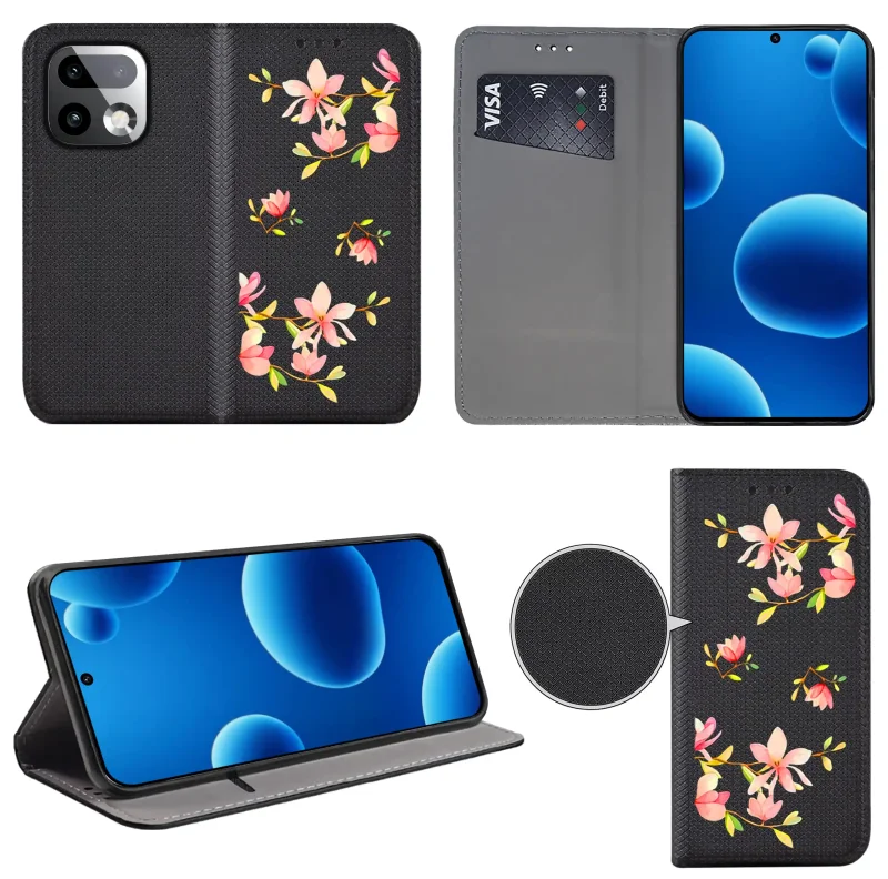 Etui książkowe do Realme 16 Pro+ Plus 5G z kobiecym wzorem, widok przodu i tyłu, kieszonka na kartę oraz funkcja podstawki