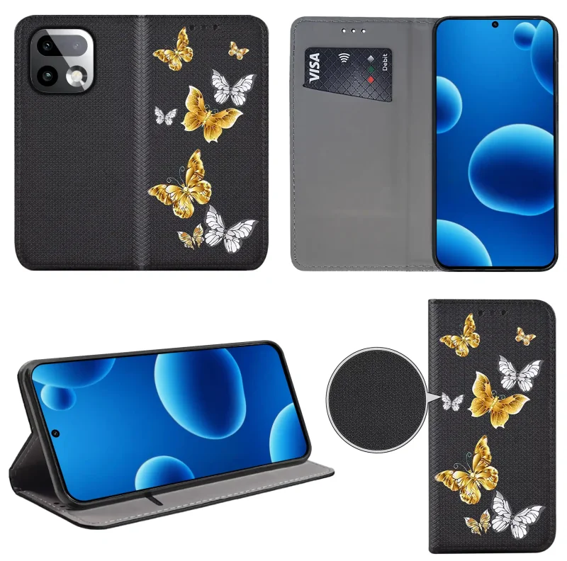 Etui książkowe do Realme 16 Pro+ Plus 5G z kolorowym wzorem, widok przodu i tyłu, kieszonka na kartę oraz funkcja podstawki