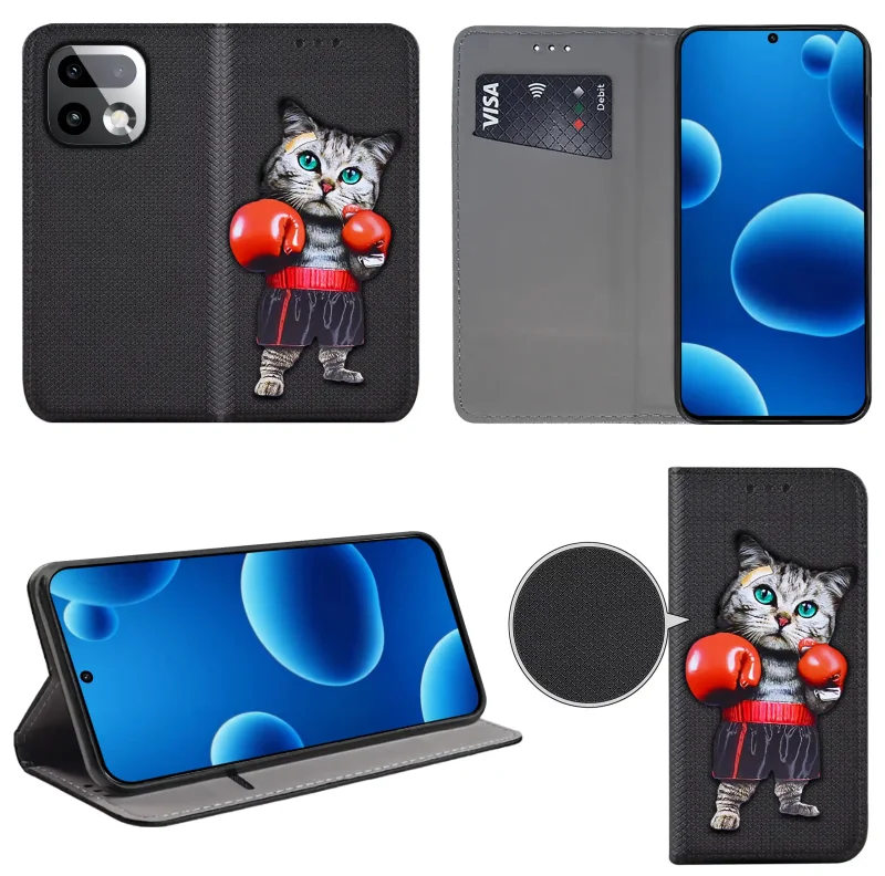 Etui książkowe do Realme 16 Pro+ Plus 5G z kotem, widok przodu i tyłu, kieszonka na kartę oraz funkcja podstawki