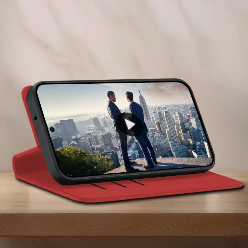 Samsung Galaxy A54 5G w czerwonym etui Velvet z funkcją stojaka do oglądania filmów i seriali