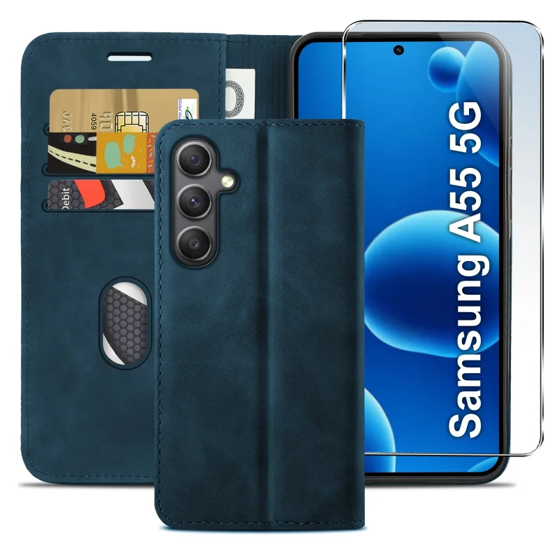 Granatowe etui z klapką do Samsung Galaxy A55 5G podczas płatności kartą: kieszonki na dokumenty i banknoty