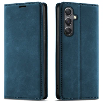 Etui do Samsung Galaxy A55 5G skórzane Velvet zamykane granatowe ze szkłem