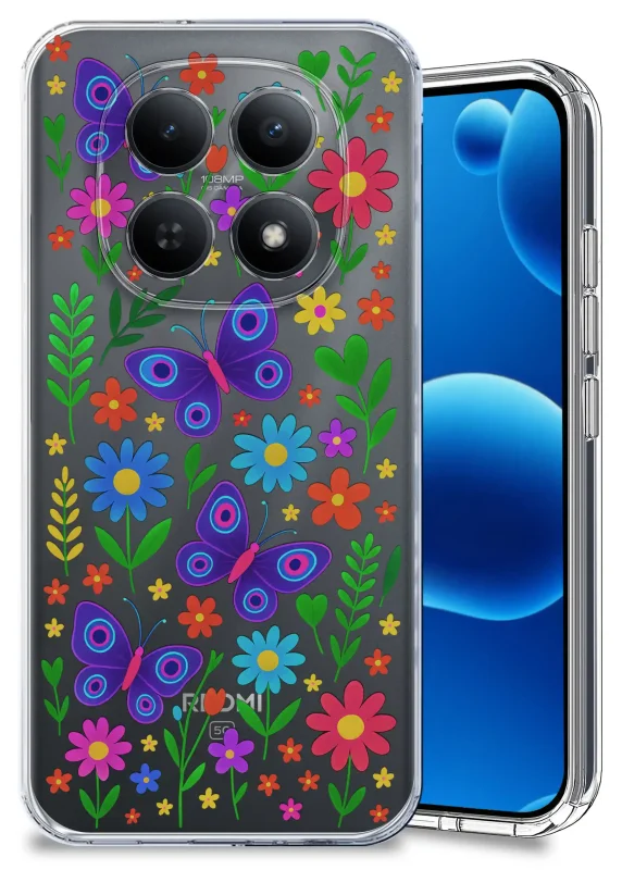 Etui wiosenne do Xiaomi Redmi Note 15 5G przezroczyste ze wzorem kolorowych kwiatków i motyli