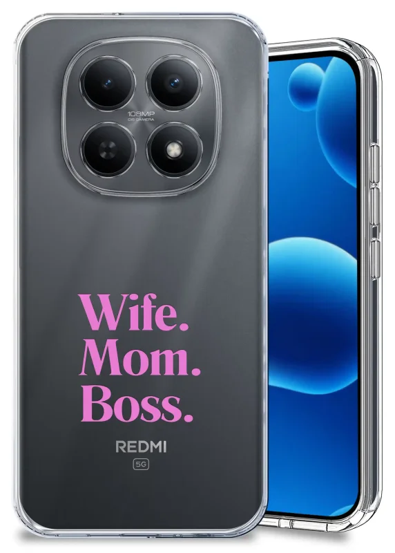 Etui dla Mamy do Xiaomi Redmi Note 15 5G przezroczyste z różowym napisem Wife. Mom. Boss.