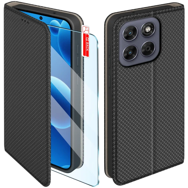 Etui z klapką do Motorola Moto G67 5G / G77 5G w czarnym kolorze z magnetycznym zamknięciem, antypoślizgową fakturą i elastycznym TPU chroniącym telefon