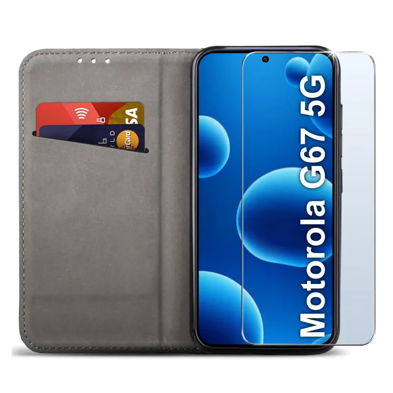 Czarne etui portfelowe do Motorola Moto G67 5G / G77 5G z miejscem na karty, ukrytym magnesem i funkcją stojaka do codziennego użytkowania