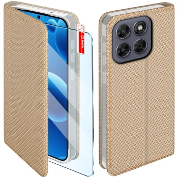Etui do Motorola Moto G67 5G / G77 5G złote zamykane ze szkłem