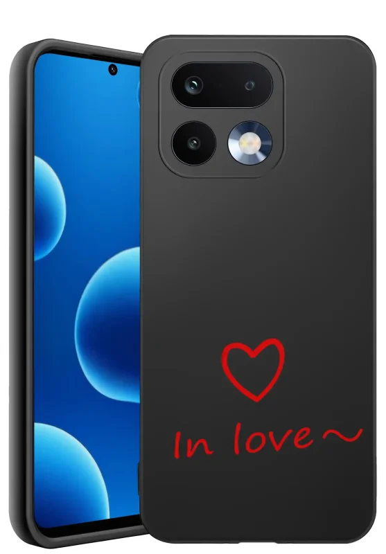 Czarne matowe etui walentynkowe do Realme 16 Pro+ Plus 5G z czerwonym sercem oraz napisem In love