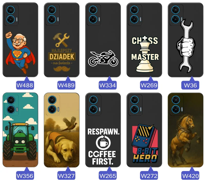 Kolekcja wzorów etui dla dziadka do Motorola Moto G96 5G – Super Dziadek, narzędzia, szachy, motocykl, traktor, pies, koń i retro gaming