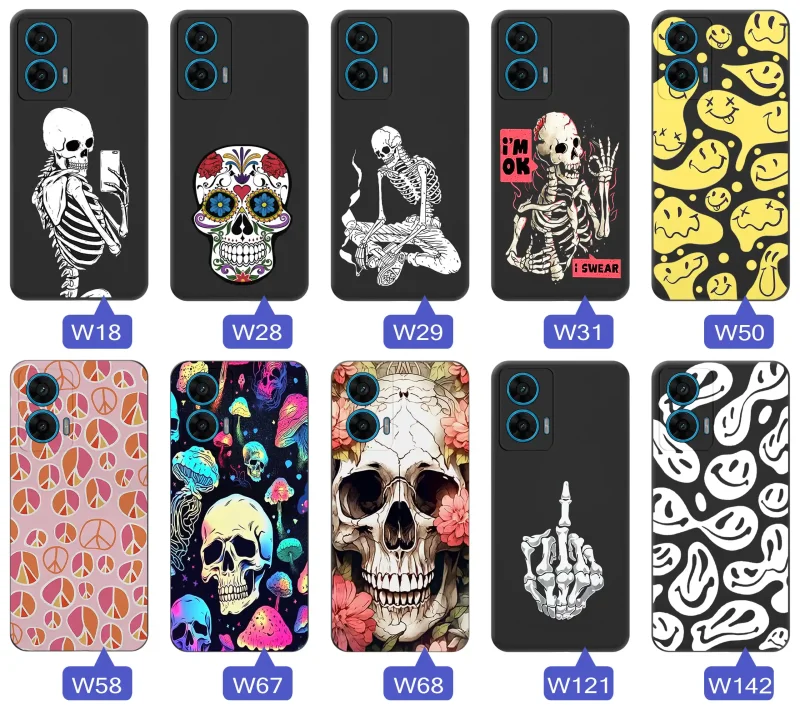 Kolekcja różnych wzorów etui Halloween do Motorola Moto G96 5G z motywami czaszek, szkieletów, uśmiechów i grafik w stylu dark