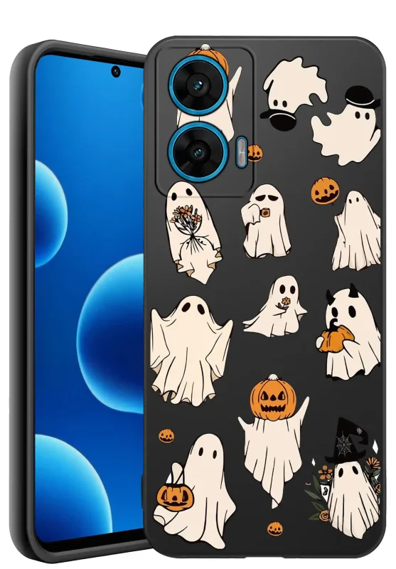 Etui halloweenowe do Motorola Moto G96 5G z grafiką duchów i dyni, silikonowe matowe plecki z motywem Halloween na czarnym tle