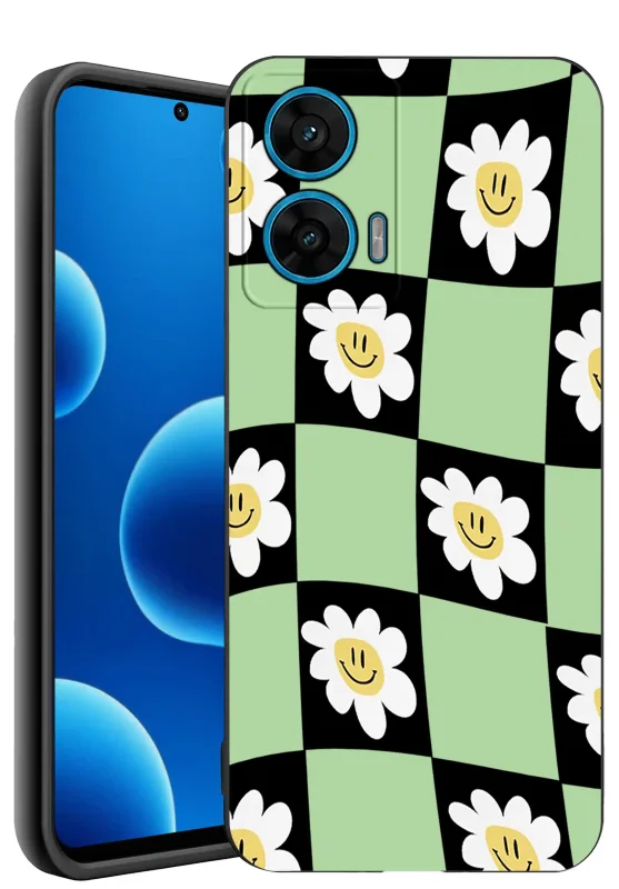 Etui ze wzorem do Motorola Moto G96 5G z zielono-czarną szachownicą i stokrotkami smiley – silikonowe matowe etui z kolorowym wzorem i ochroną aparatów