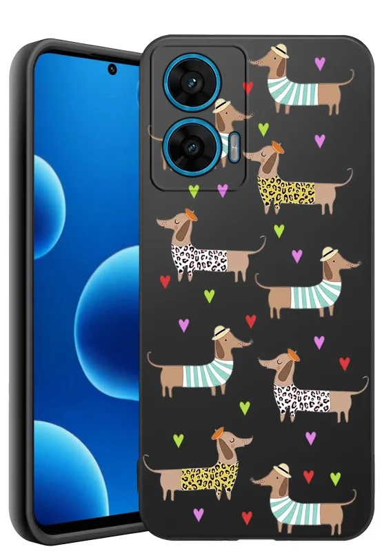 Etui z psem do Motorola Moto G96 5G z kolorowymi jamnikami i serduszkami, czarne silikonowe matowe plecki z żywą grafiką