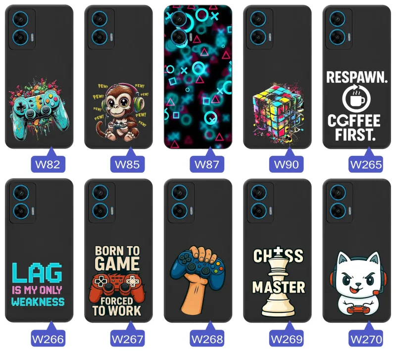 Kolekcja gamingowych etui do Motorola Moto G96 5G z motywami padów, neonowych symboli, retro haseł i pikselowych grafik inspirowanych światem gier