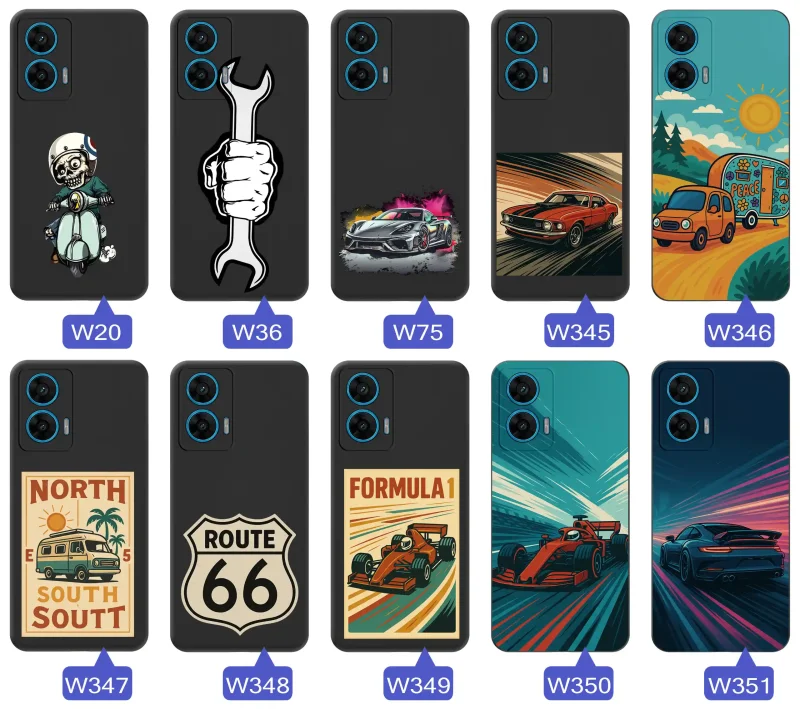 Kolekcja etui do Motorola Moto G96 z motywami samochodów, motocykli, Formuły 1, Route 66 i klasycznych aut