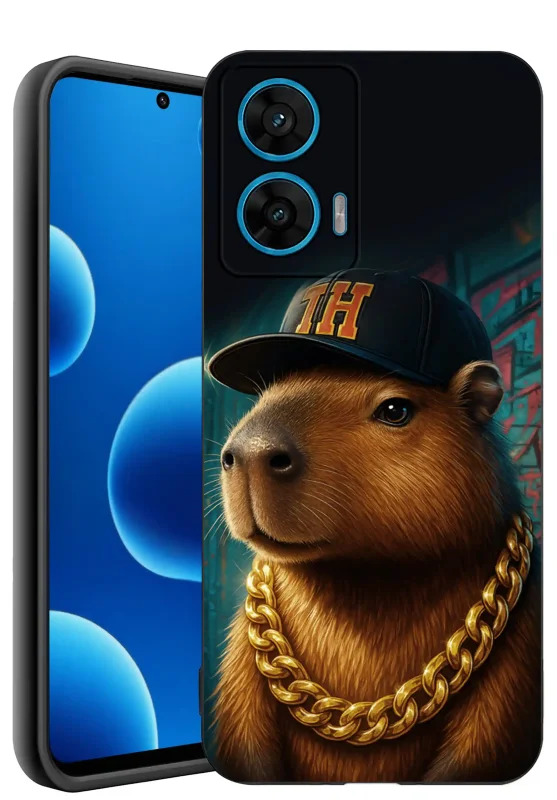 Etui do Motorola Moto G96 5G z kapibarą w czapce i złotym łańcuchu – silikonowe matowe etui z żywą grafiką streetwear na czarnym tle